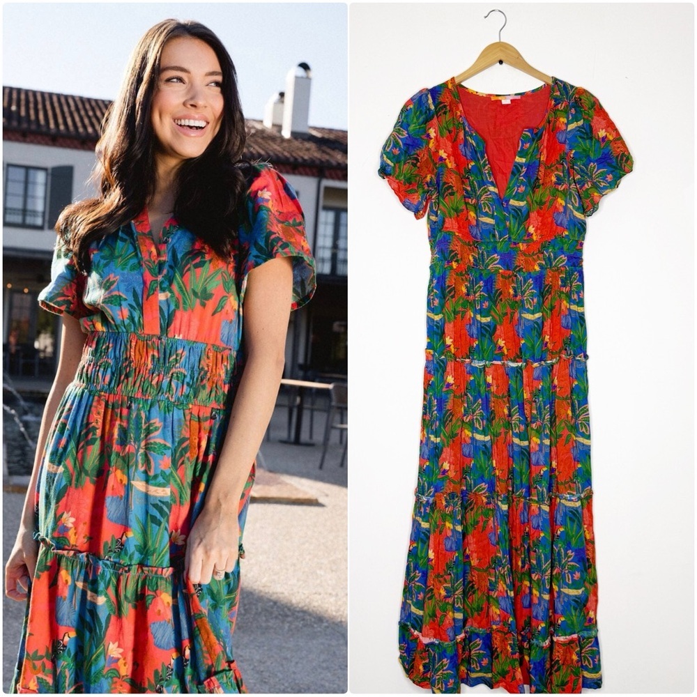 Briton Court Willow Maxi Dress True Red Tropical Print Size Medium